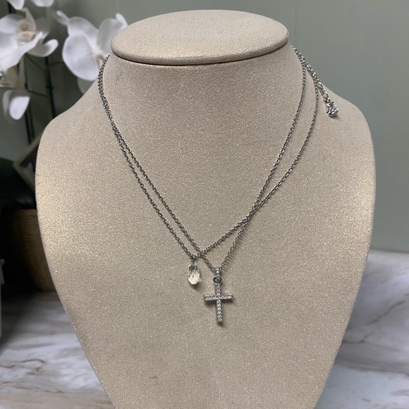Swarovski Jewelry - SWAROVSKI silver tone cross and clear crystal double layer necklace